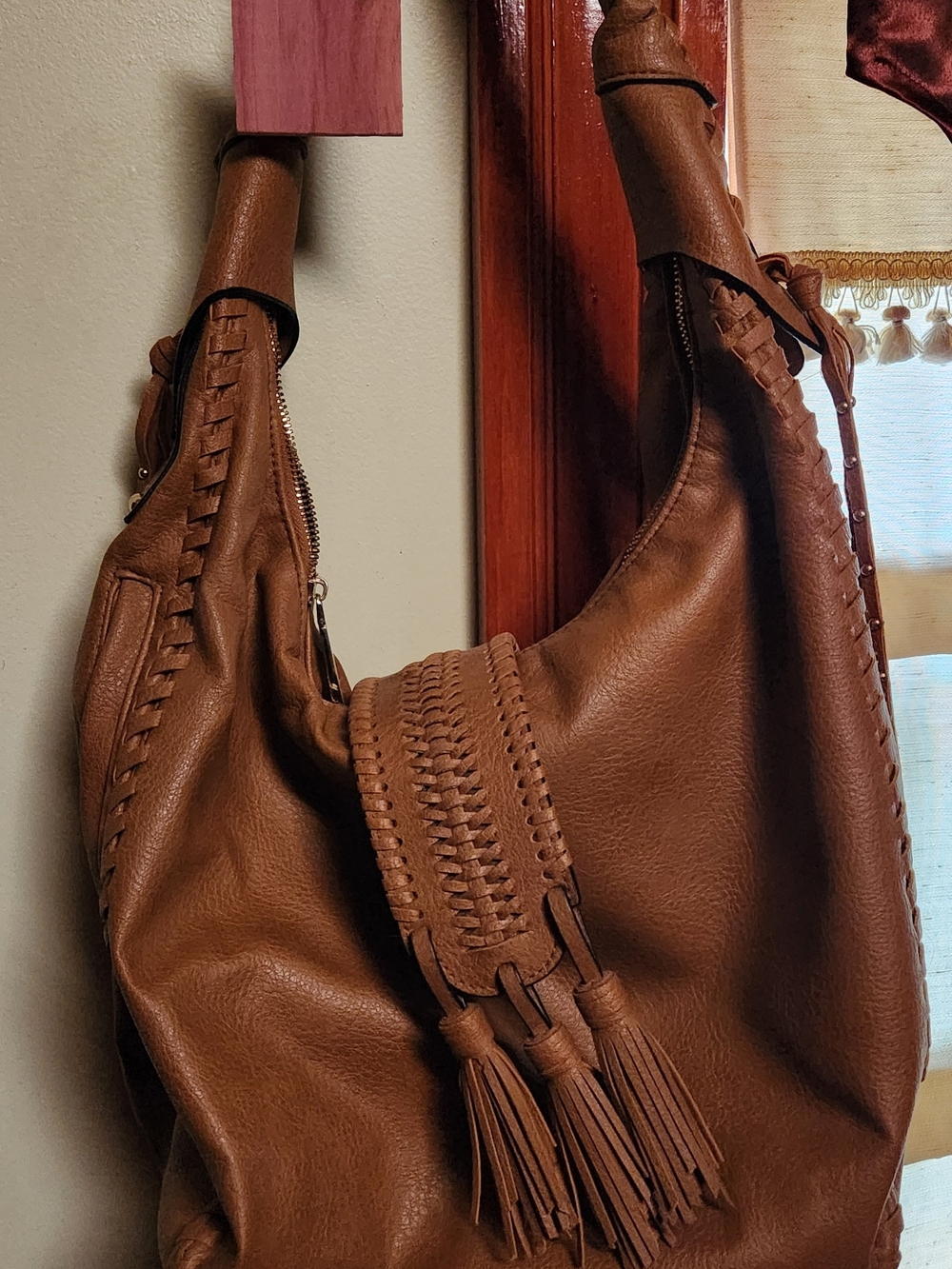 Brown Faux Leather Braided-Accent Hobo Bag with Tassels